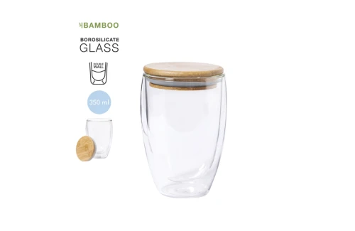 Tasse thermique personnalisé en verre avec couvercle en bambou Tobby 350 ml