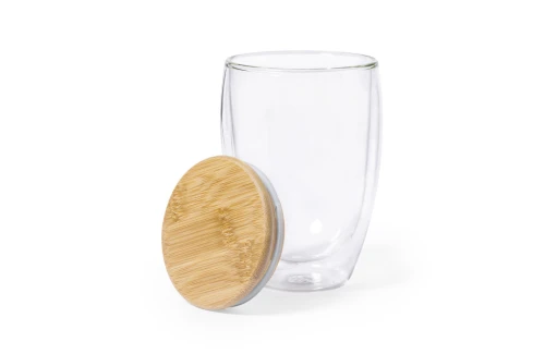 Tasse thermique personnalisé en verre avec couvercle en bambou Tobby 350 ml