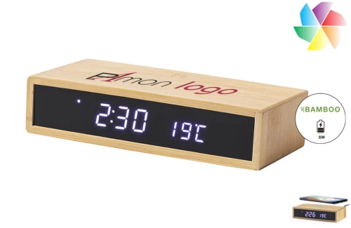 Horloge réveil publicitaire personnalisée multifonction Islum avec chargeur sans fil 