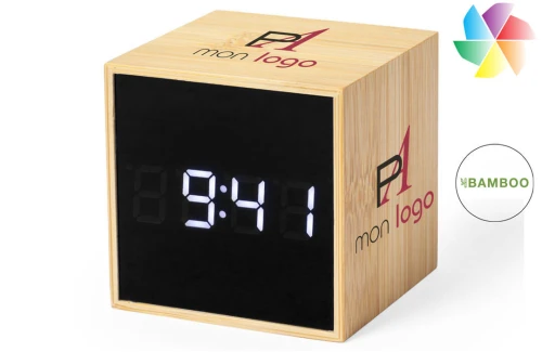 Horloge de bureau multifonction publicitaire personnalisée Melbran en bambou 