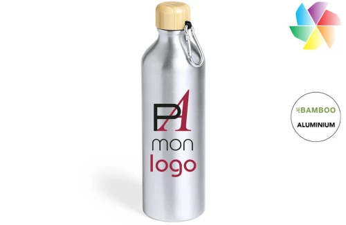 Gourde publicitaire personnalisée en aluminium finition mate avec mousqueton Hetien 800 ml 