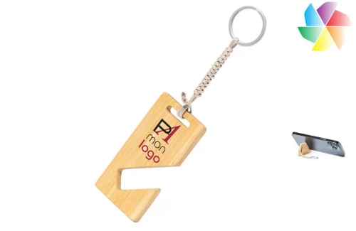 Porte-clés publicitaire personnalisé à support porte téléphone en bambou Zeke 