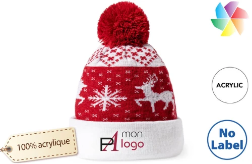 Bonnet publicitaire personnalisé aux motifs de Noël avec pompon Elenix 