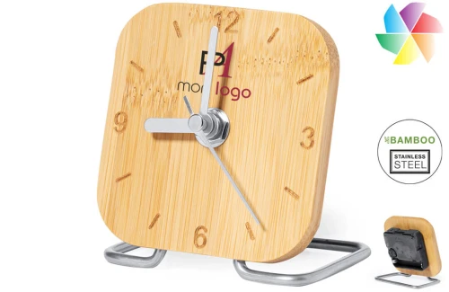 Horloge de bureau publicitaire personnalisée Eciko en bambou verni et acier 