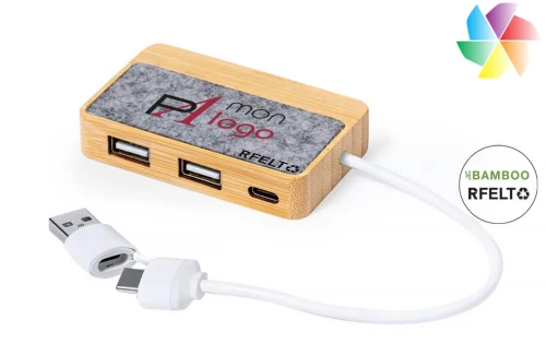 Hub USB 2.0 personnalisé en bambou et feutre RPET recyclé Barney