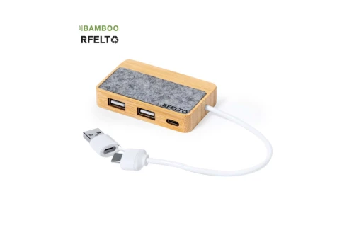 Hub USB 2.0 personnalisé en bambou et feutre RPET recyclé Barney