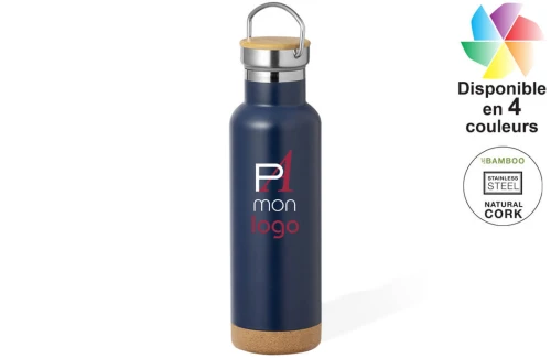 Gourde isotherme publicitaire personnalisée en inox à détail de liège et bambou Dixont 650 ml 