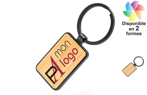 Porte-clés publicitaire personnalisé en métal noir poli et bambou Fenrir 