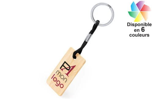 Porte-clés publicitaire personnalisé à plaque en bambou et cordon coloré Recbam 
