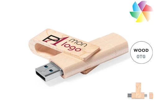 Clé USB publicitaire personnalisée OTG double connectique 16 Go à clip rotatif et corps bois Kluivert made in Europe 