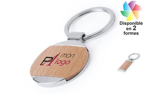 Porte-clés publicitaire personnalisé en métal brillant et bois naturel Vitolok 