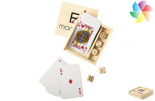 Set jeu de société publicitaire personnalisé ensemble avec carte et 4 dés en bois Pelkat 