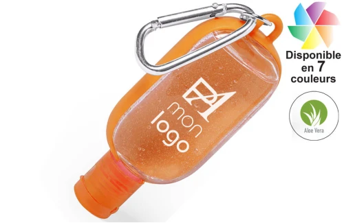 Flacon de gel hydroalcoolique publicitaire personnalisé Trikel rechargeable de 30 ml avec accroche mousqueton de transpo 