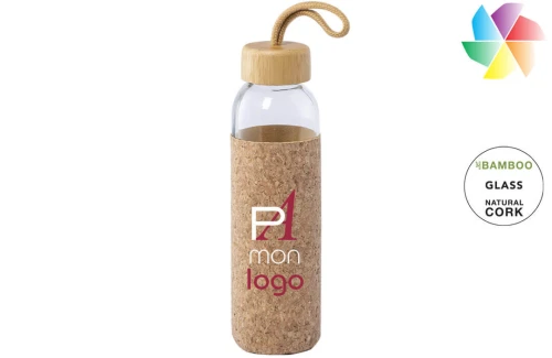 Bouteille publicitaire personnalisée écologique en verre avec étui bambou Trupak 500 ml 