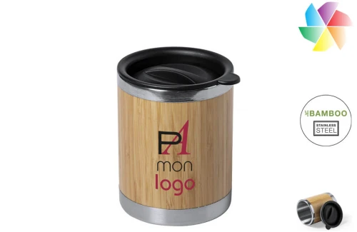 Mug isotherme publicitaire personnalisé verre thermique acier et bambou Lubon 