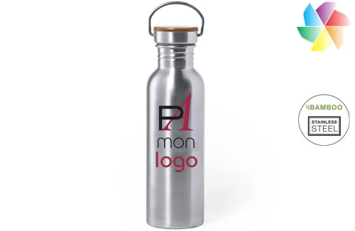 Gourde publicitaire personnalisée en acier inoxydable et bouchon bambou Rangler 800 ml 