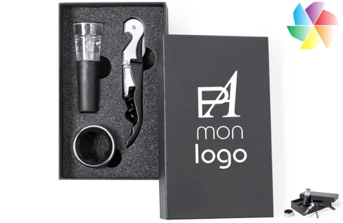 Coffret à vin publicitaire personnalisé set d'accessoire œnologue à la finition noire Noarek 