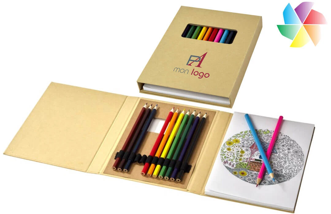 Coffret crayons de couleur et bloc coloriage publicitaire personnalisé