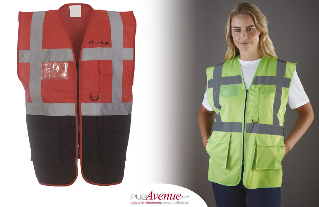 Gilet de sécurité haute visibilité personnalisé Votre logo Vêtements de  travail de protection 5 poches avec bandes réfléchissantes Gilet de travail  extérieur